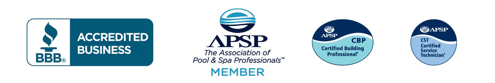Swim World Pools APSP Certifications logos and BBB Accreditation